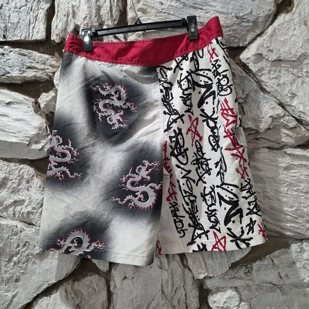 Vintage Y2K No Boundaries Dragon Board Shorts Men 34 Swim Trunks Grunge Surf Red